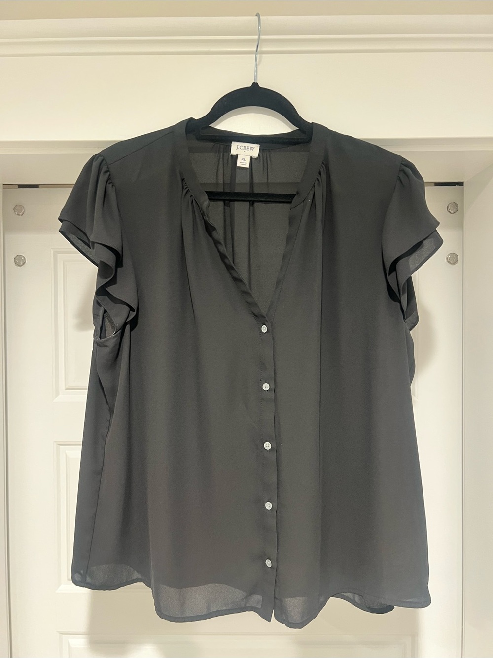 J. Crew Black Ruffle-Sleeve V-Neck Button-Front Blouse